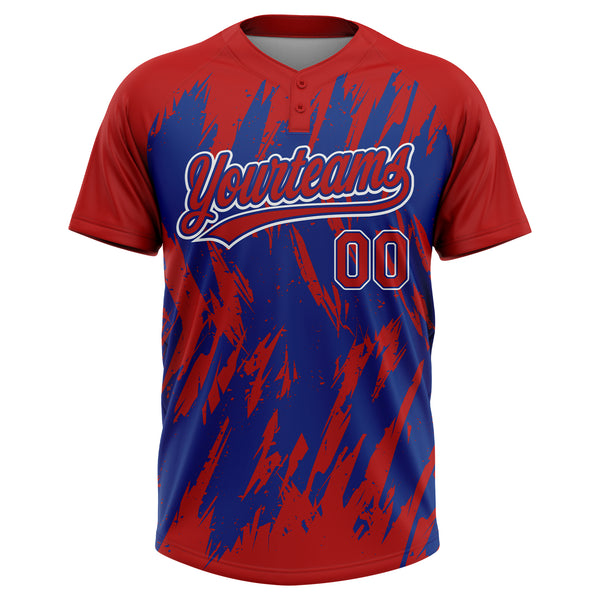 Custom Red Royal-White Splatter Torn Sharp Brush Stroke Two-Button Unisex Softball Jersey