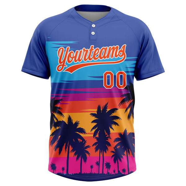 Custom Royal Orange-White Tropical Hawaii Palm Trees Two-Button Unisex Softball Jersey