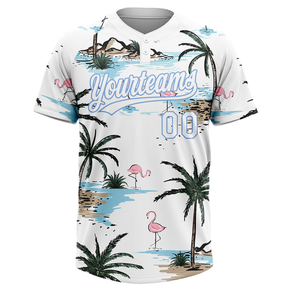 Custom White Light Blue Tropical Hawaii Palm Trees And Flamingo Two-Button Unisex Softball Jersey