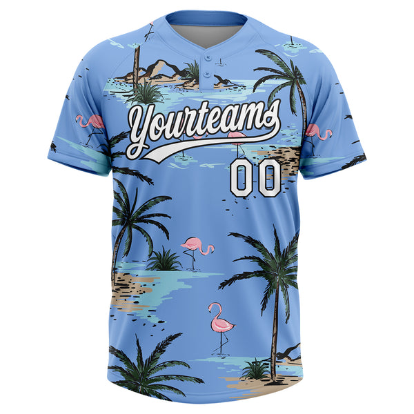 Custom Light Blue White-Black Tropical Hawaii Palm Trees And Flamingo Two-Button Unisex Softball Jersey