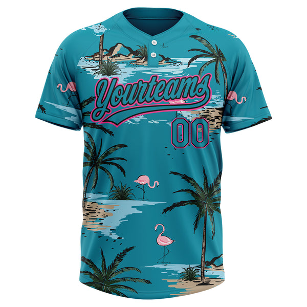 Custom Teal Black-Pink Tropical Hawaii Palm Trees And Flamingo Two-Button Unisex Softball Jersey