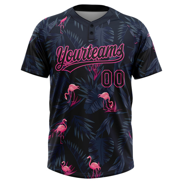 Custom Black Pink Tropical Hawaii Palm Leaves And Flamingo Two-Button Unisex Softball Jersey