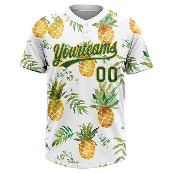 Custom White Kelly Green-Gold Hawaii Fruit Pineapples Two-Button Unisex Softball Jersey