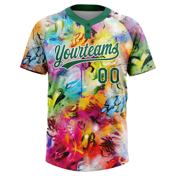 Custom Graffiti Pattern Kelly Green-White Vibrant Multi-Color Street Style Two-Button Unisex Softball Jersey