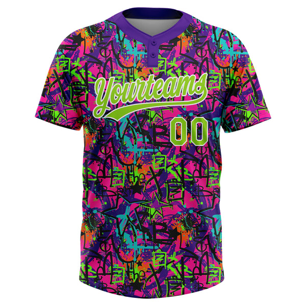 Custom Graffiti Pattern Neon Green-White Vibrant Multi-Color Street Style Two-Button Unisex Softball Jersey