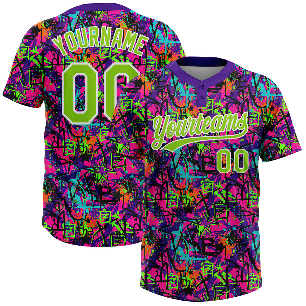Custom Graffiti Pattern Neon Green-White Vibrant Multi-Color Street Style Two-Button Unisex Softball Jersey