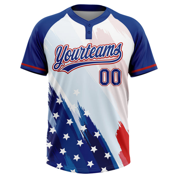Custom White Royal-Red American Flag Two-Button Unisex Softball Jersey