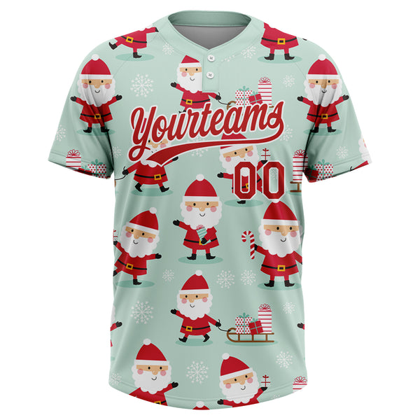 Custom Green Red-White Christmas Santa Claus 3D Pattern Design Two-Button Unisex Softball Jersey