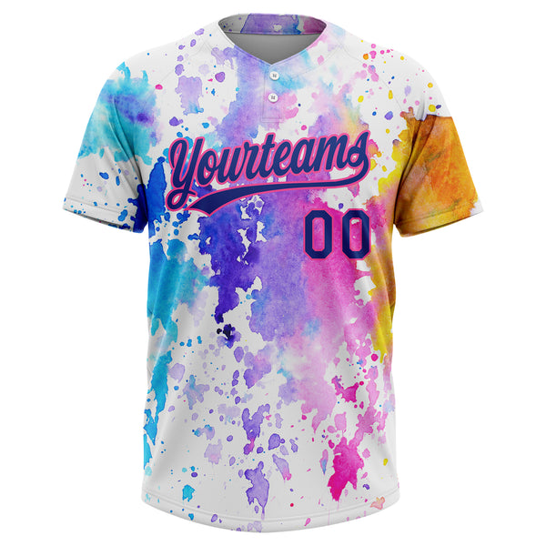 Custom White Royal-Pink Watercolor Spalsh Two-Button Unisex Softball Jersey