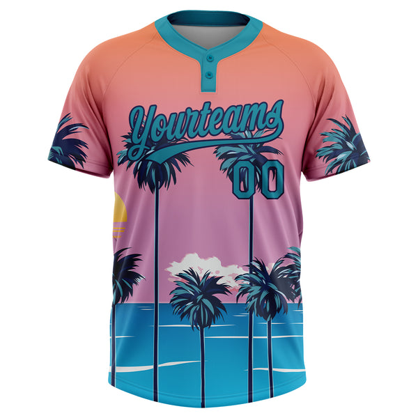 Custom Orange Teal-Navy Sun Beach Hawaii Palm Trees Two-Button Unisex Softball Jersey