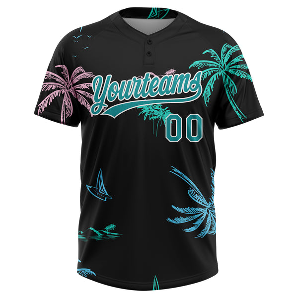 Custom Black Teal-White Hawaii Palm Trees Two-Button Unisex Softball Jersey