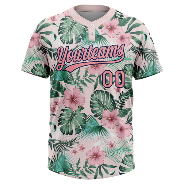 Custom White Medium Pink-Navy Hawaii Palm Leaves And Flowers Two-Button Unisex Softball Jersey