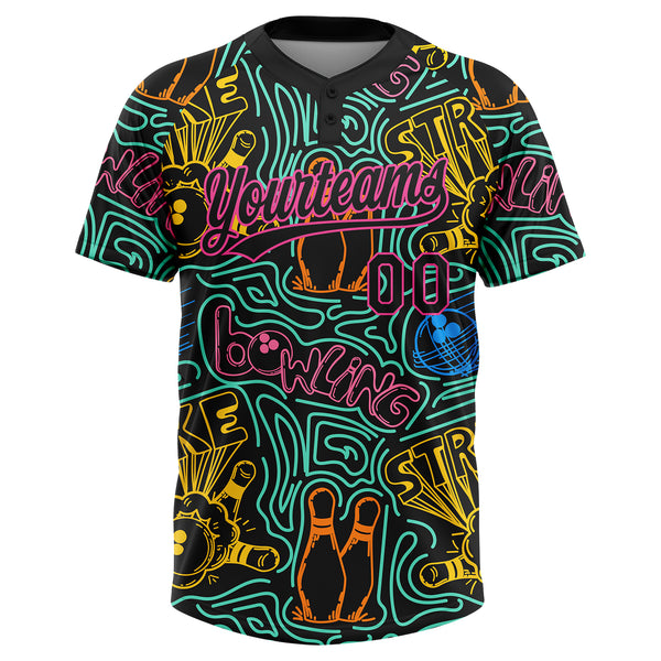 Custom Black Pink Bowling 3D Pattern Design Two-Button Unisex Softball Jersey