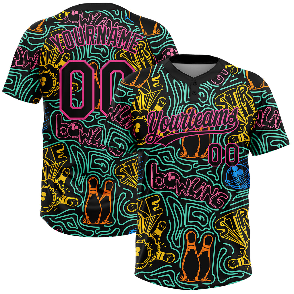 Custom Black Pink Bowling 3D Pattern Design Two-Button Unisex Softball Jersey