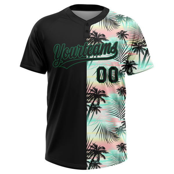 Custom Black Kelly Green Tropical Palm Leaves Two-Button Unisex Softball Jersey