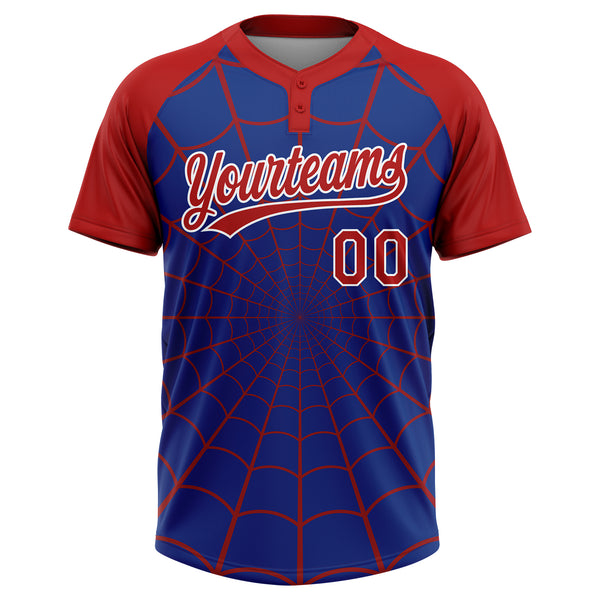 Custom Royal Red-White Spider Web 3D Pattern Design Two-Button Unisex Softball Jersey