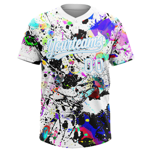 Custom Graffiti Pattern White-Light Blue Splash Two-Button Unisex Softball Jersey