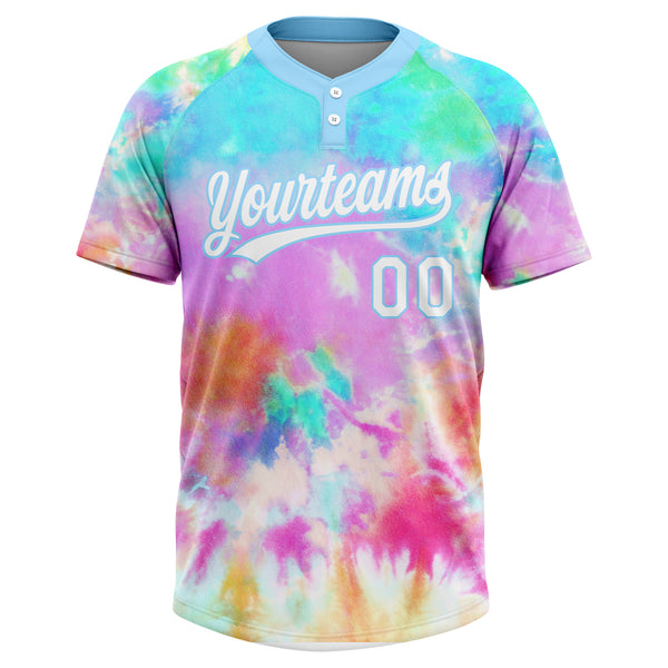 Custom Tie Dye White-Light Blue Rainbow Two-Button Unisex Softball Jersey