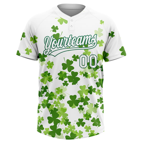 Custom White Kelly Green St.Patrick's Day Shamrock 3D Pattern Design Two-Button Unisex Softball Jersey