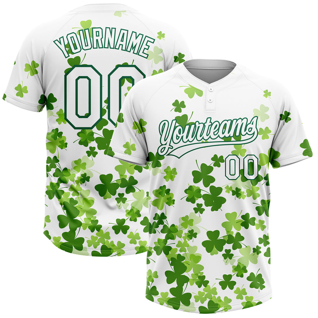 Custom White Kelly Green St.Patrick's Day Shamrock 3D Pattern Design Two-Button Unisex Softball Jersey
