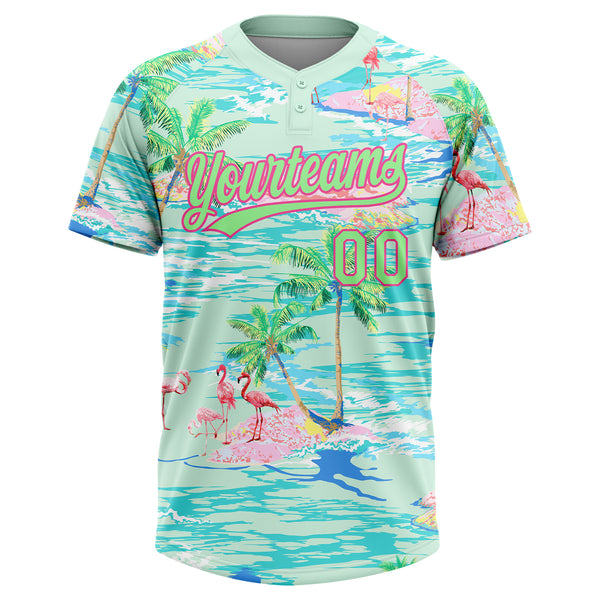 Custom Lakes Blue Pea Green-Pink Beach Hawaii Palm Trees And Flamingo Two-Button Unisex Softball Jersey