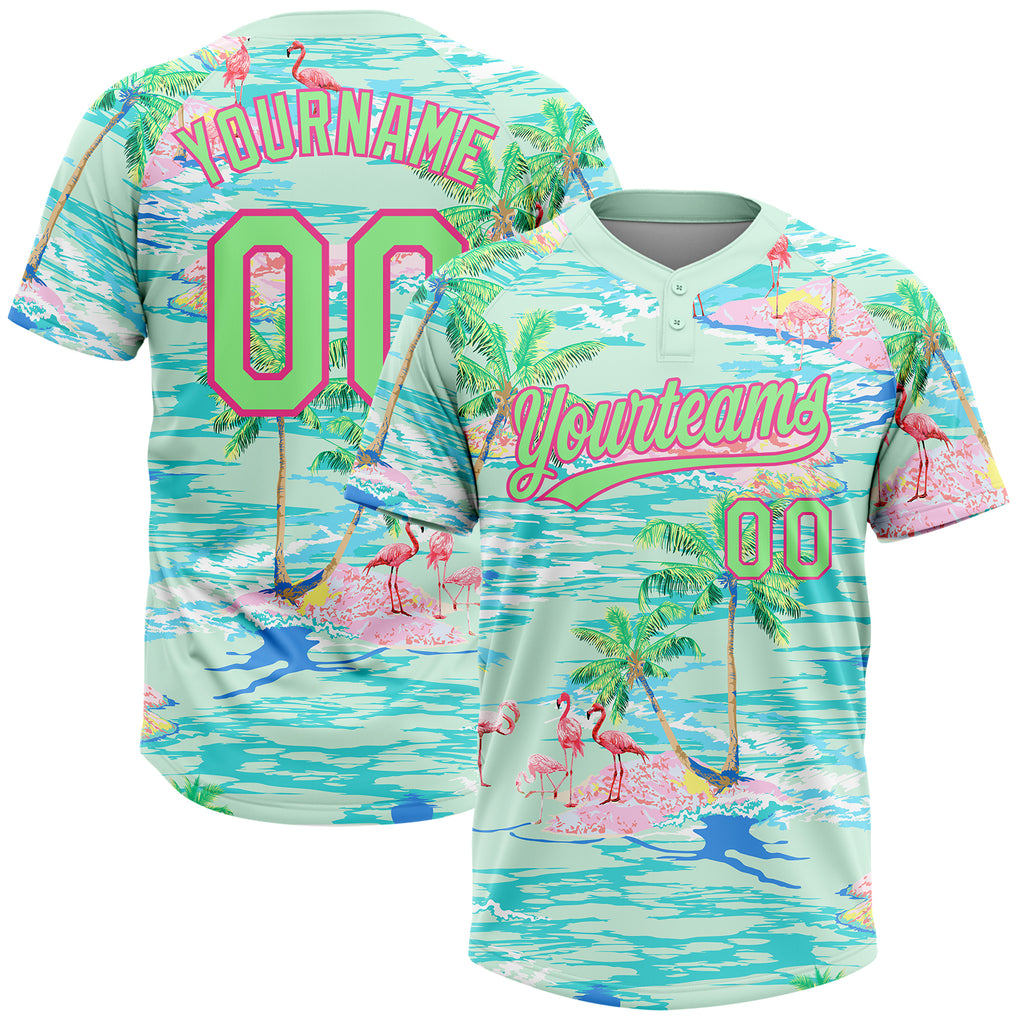 Custom Lakes Blue Pea Green-Pink Beach Hawaii Palm Trees And Flamingo Two-Button Unisex Softball Jersey