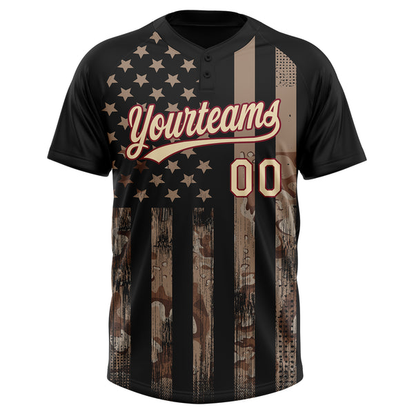 Custom Camo Cream Black-Crimson American Flag Salute To Service Two-Button Unisex Softball Jersey