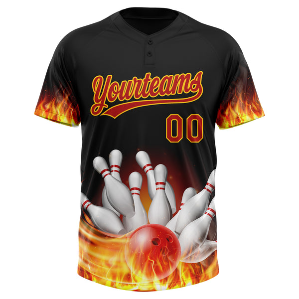 Custom Black Red-Yellow Flame Bowling 3D Pattern Design Two-Button Unisex Softball Jersey