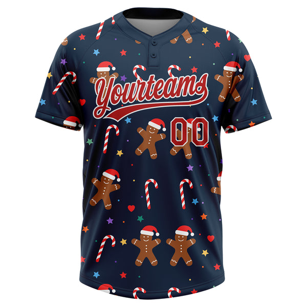 Custom Navy Red-White Christmas 3D Pattern Design Two-Button Unisex Softball Jersey
