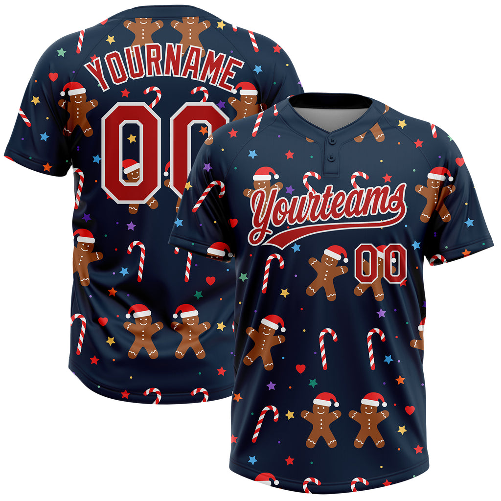 Custom Navy Red-White Christmas 3D Pattern Design Two-Button Unisex Softball Jersey