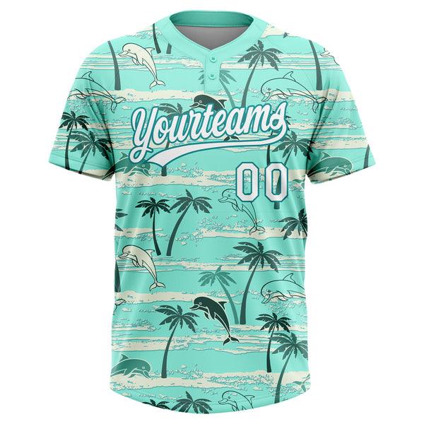 Custom Teal White Hawaii Palm Trees And Dolphin Two-Button Unisex Softball Jersey