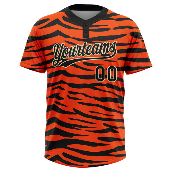Custom Orange Black-Cream Tiger Print 3D Pattern Design Two-Button Unisex Softball Jersey