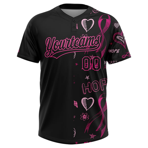 Custom Black Pink Pink Ribbon Breast Cancer Awareness Month Women Health Care Support Two-Button Unisex Softball Jersey