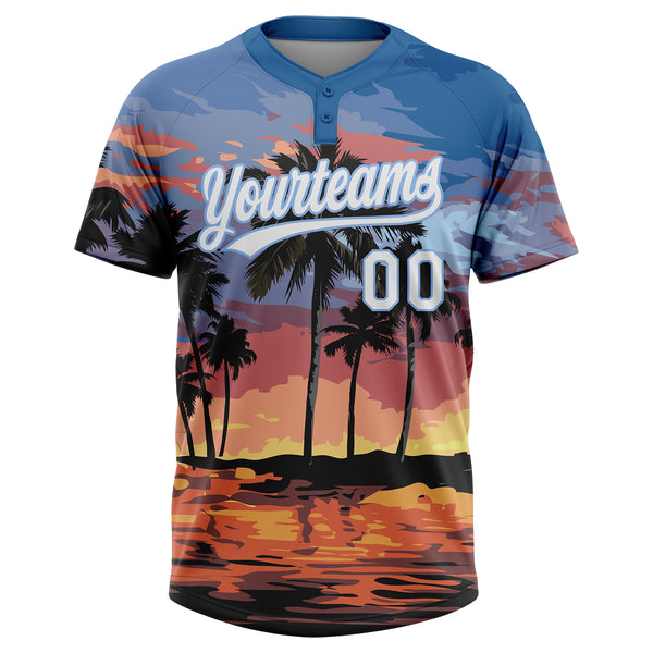 Custom Light Blue White Hawaii Palm Trees Two-Button Unisex Softball Jersey