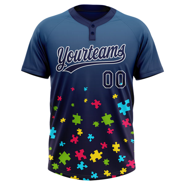Custom Navy White Puzzle 3D Pattern Design Two-Button Unisex Softball Jersey