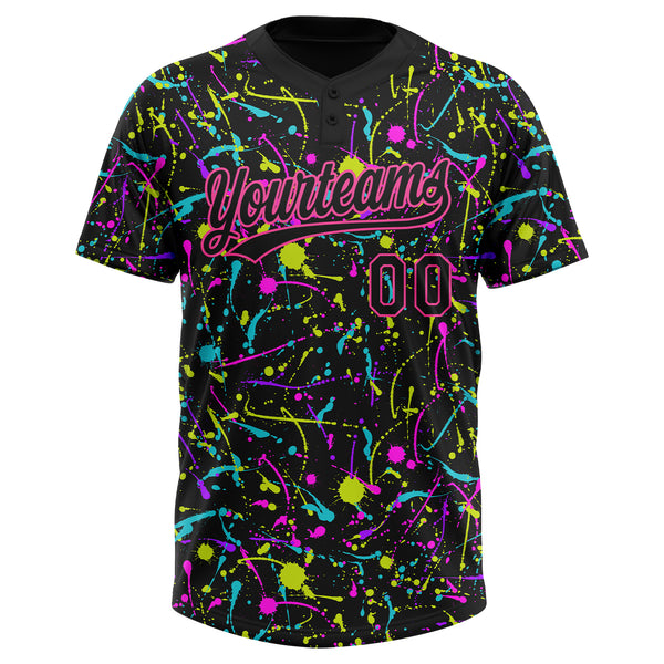 Custom Graffiti Pattern Black-Pink Vibrant Multi-Color Abstract Splatter Two-Button Unisex Softball Jersey