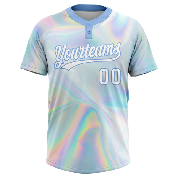 Custom White Light Blue Abstract Trendy Holographic Vaporwave Style 3D Pattern Design Two-Button Unisex Softball Jersey