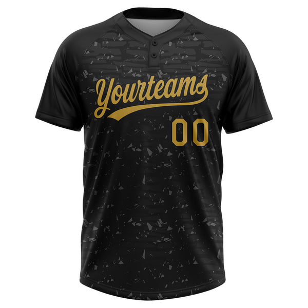 Custom Black-Old Gold Raglan Sleeves Distressed Fragment Brush Stroke Two-Button Unisex Softball Jersey