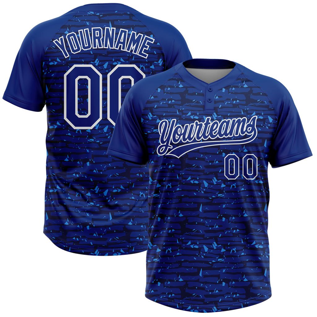 Custom Royal-White Raglan Sleeves Distressed Fragment Brush Stroke Two-Button Unisex Softball Jersey