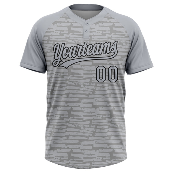 Custom Gray-Black Raglan Sleeves Distressed Fragment Brush Stroke Two-Button Unisex Softball Jersey