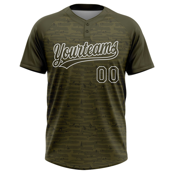 Custom Olive-White Raglan Sleeves Distressed Fragment Brush Stroke Two-Button Unisex Softball Jersey