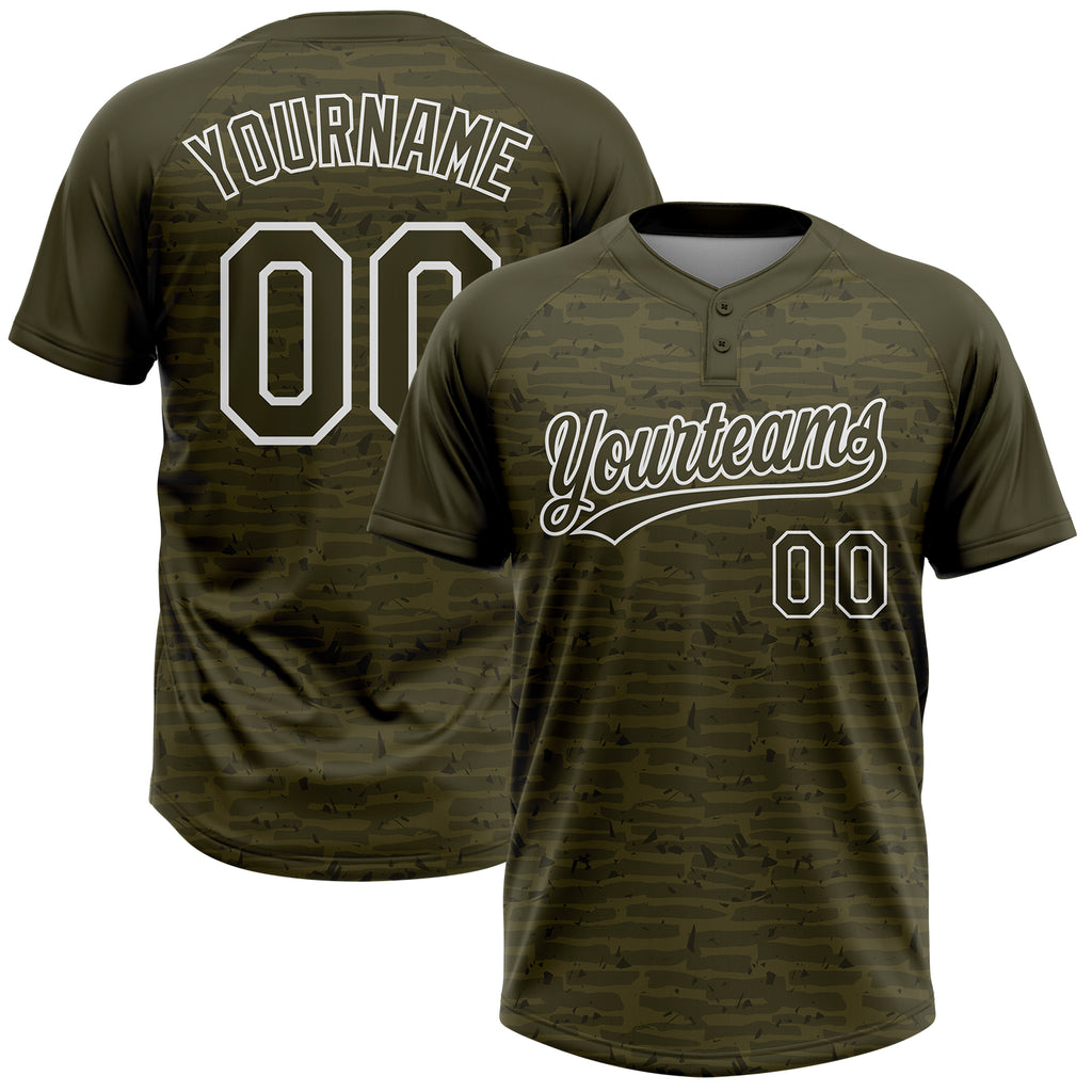 Custom Olive-White Raglan Sleeves Distressed Fragment Brush Stroke Two-Button Unisex Softball Jersey
