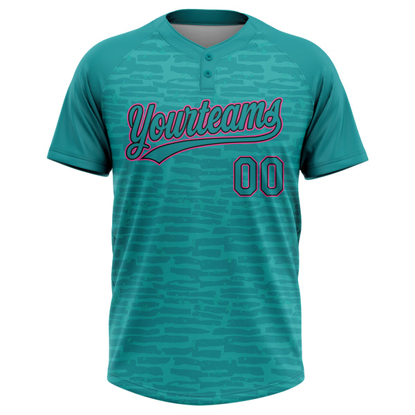 Custom Teal Black-Pink Raglan Sleeves Distressed Fragment Brush Stroke Two-Button Unisex Softball Jersey