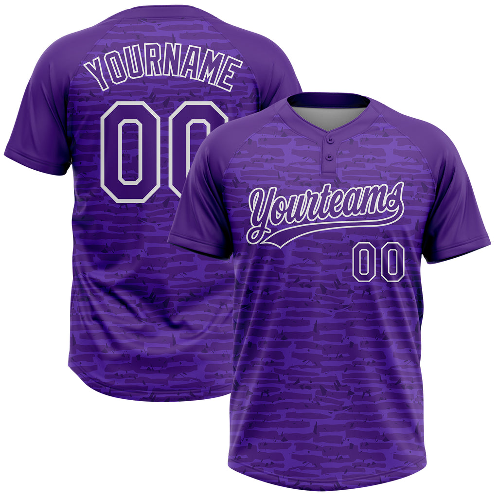 Custom Purple-White Raglan Sleeves Distressed Fragment Brush Stroke Two-Button Unisex Softball Jersey