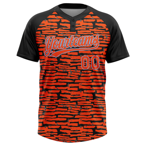 Custom Orange Black-Light Blue Raglan Sleeves Distressed Fragment Brush Stroke Two-Button Unisex Softball Jersey