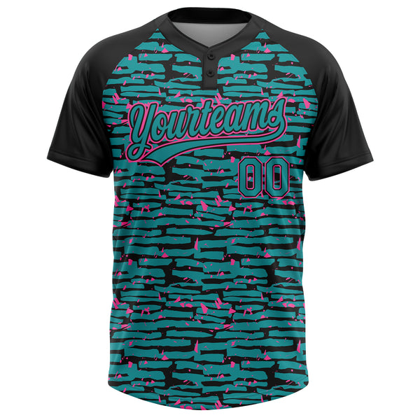 Custom Teal Black-Pink Raglan Sleeves Distressed Fragment Brush Stroke Two-Button Unisex Softball Jersey