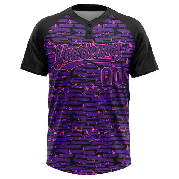 Custom Purple Black-Pink Raglan Sleeves Distressed Fragment Brush Stroke Two-Button Unisex Softball Jersey