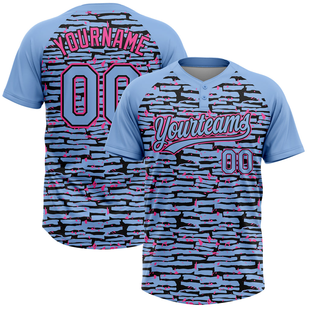 Custom Light Blue Black-Pink Raglan Sleeves Distressed Fragment Brush Stroke Two-Button Unisex Softball Jersey