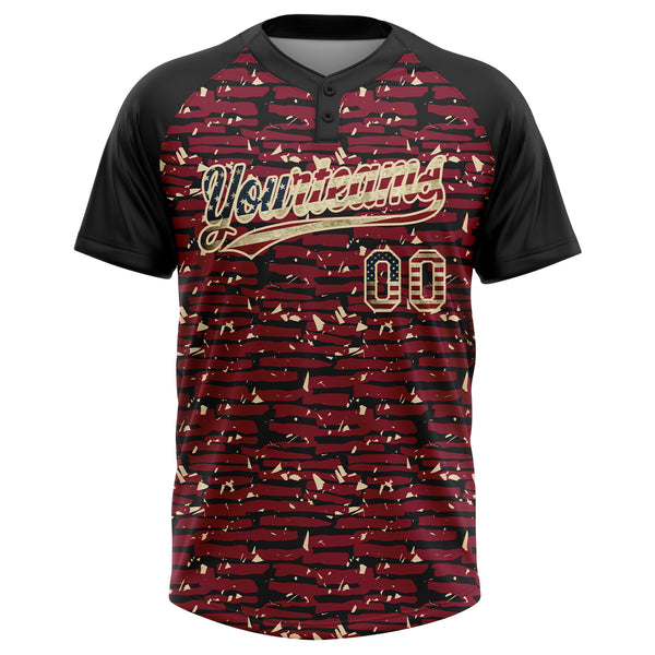 Custom Crimson Vintage USA Flag Black-Cream Raglan Sleeves Distressed Fragment Brush Stroke Two-Button Unisex Softball Jersey