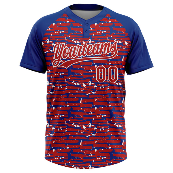 Custom Red Royal-White Raglan Sleeves Distressed Fragment Brush Stroke Two-Button Unisex Softball Jersey